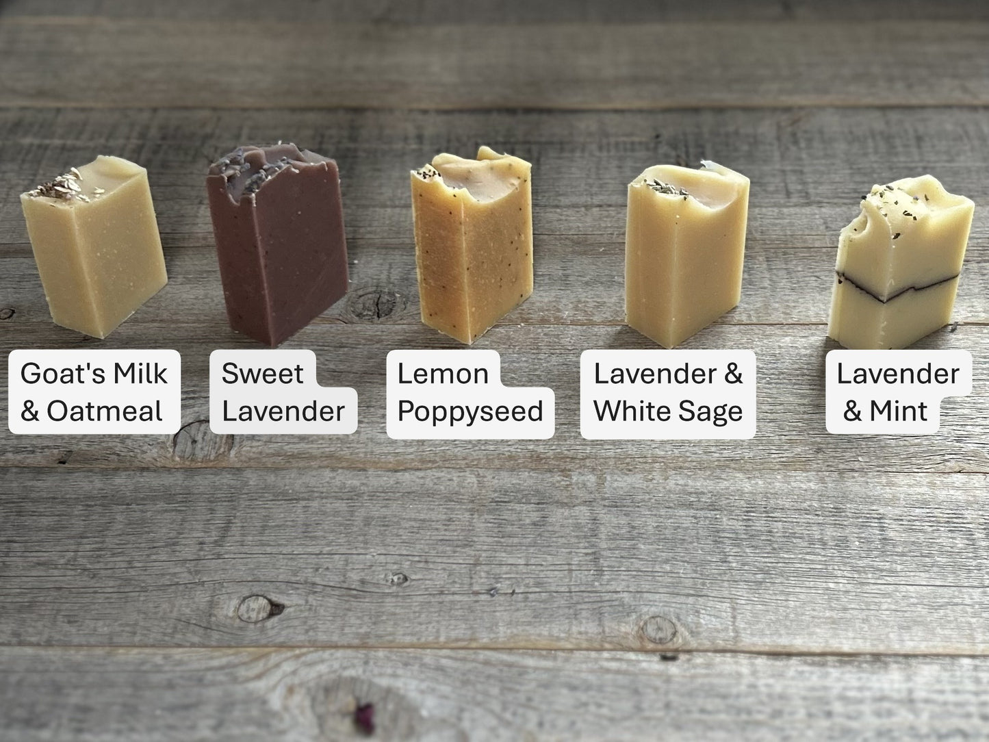 Soap choices and names for half bar party favors, Kendrick Homestead