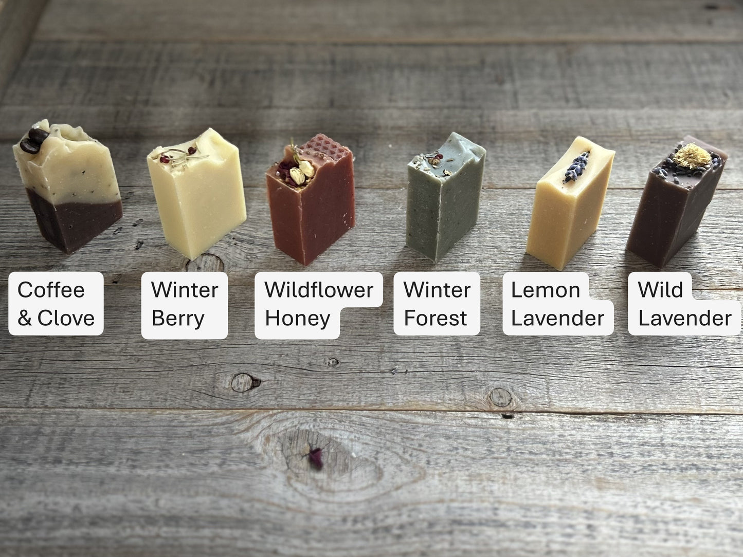 Soap choices and names for half bar party favors, Kendrick Homestead
