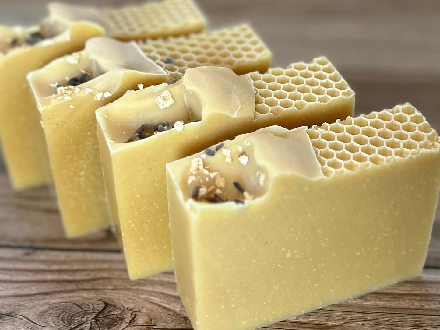 Honey Lemon Goat's milk soap, raw honey, colloidal oatmeal, lemon, litsea cubeba, lavender and benzoin essential oil, Kendrick Homestead