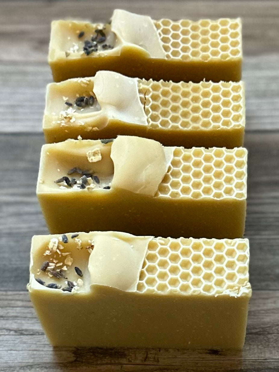 Honey Lemon Goat's milk soap, raw honey, colloidal oatmeal, lemon, litsea cubeba, lavender and benzoin essential oil, Kendrick Homestead