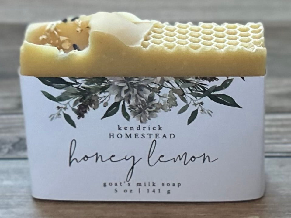 Honey Lemon Goat's milk soap, raw honey, colloidal oatmeal, lemon, litsea cubeba, lavender and benzoin essential oil, Kendrick Homestead