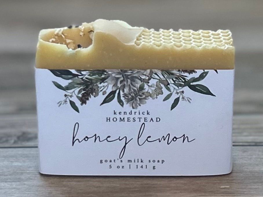Honey Lemon Goat's milk soap, raw honey, colloidal oatmeal, lemon, litsea cubeba, lavender and benzoin essential oil, Kendrick Homestead