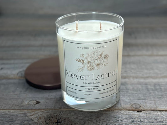 Meyer Lemon Soy Wax Candle
This gourmand scent inspires summer feelings with sliced lemons, sweet sugar and a hint of tart berries.
Fragrance notes: Citrus, lemon peel, greens, light floral, orange blossom, sugar and vanilla.
Kendrick Homestead