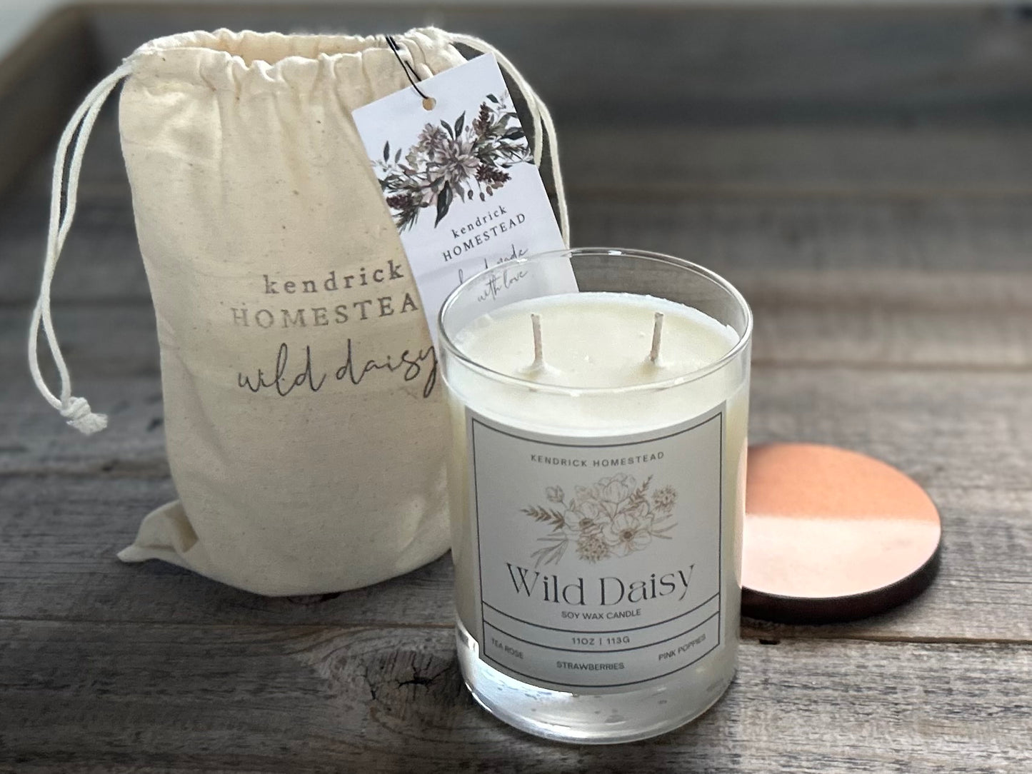 Wild Daisy Soy Wax Candle
Daisies, daffodils and pink poppies couple with wild strawberry atop sheer musk.
Fragrance notes: wild strawberry, tea rose, daisy, daffodil, pink poppies, blonde woods, sweet sugar and sheer musk.
Kendrick Homestead