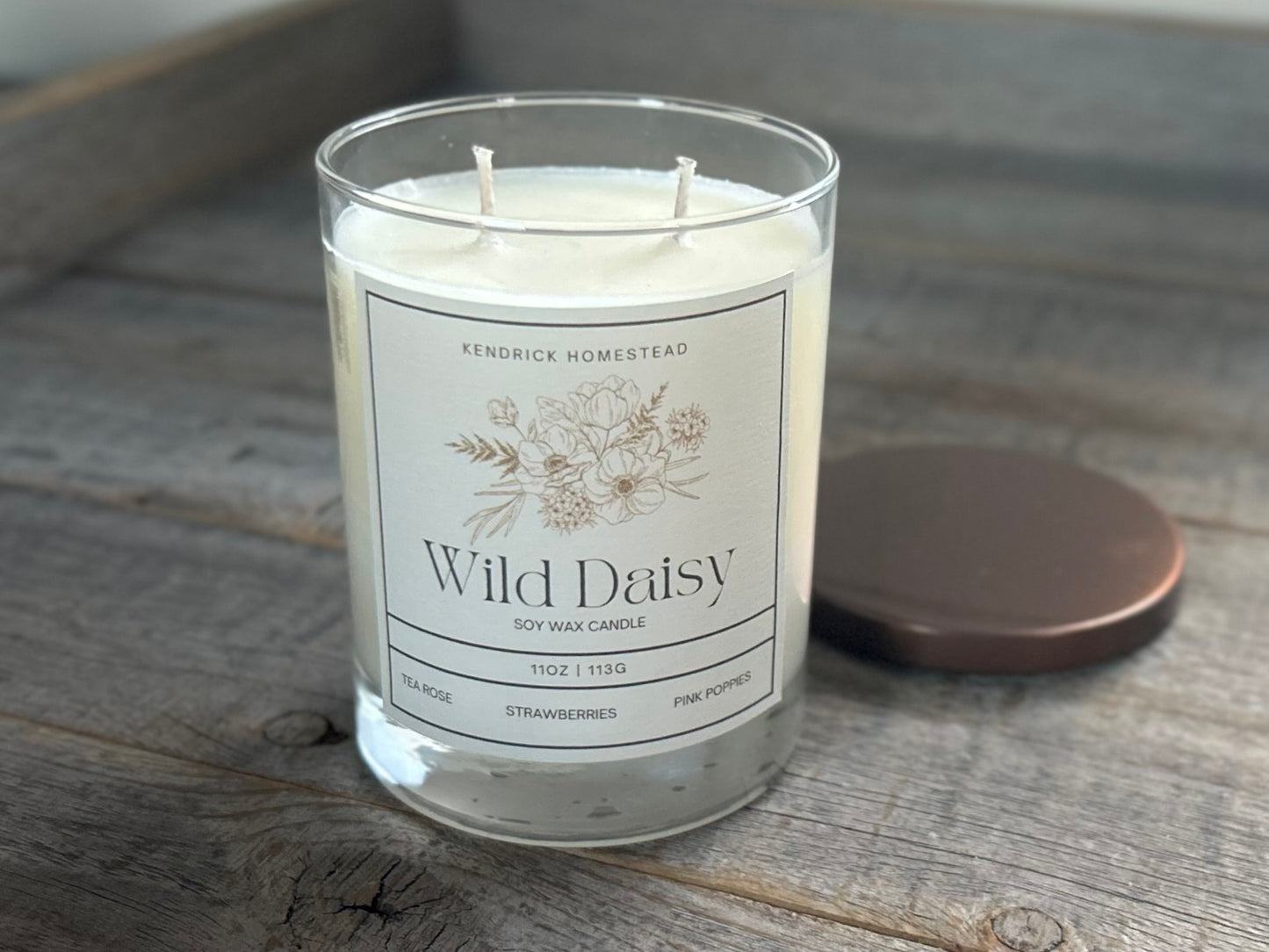 Wild Daisy Soy Wax Candle
Daisies, daffodils and pink poppies couple with wild strawberry atop sheer musk.
Fragrance notes: wild strawberry, tea rose, daisy, daffodil, pink poppies, blonde woods, sweet sugar and sheer musk.
Kendrick Homestead