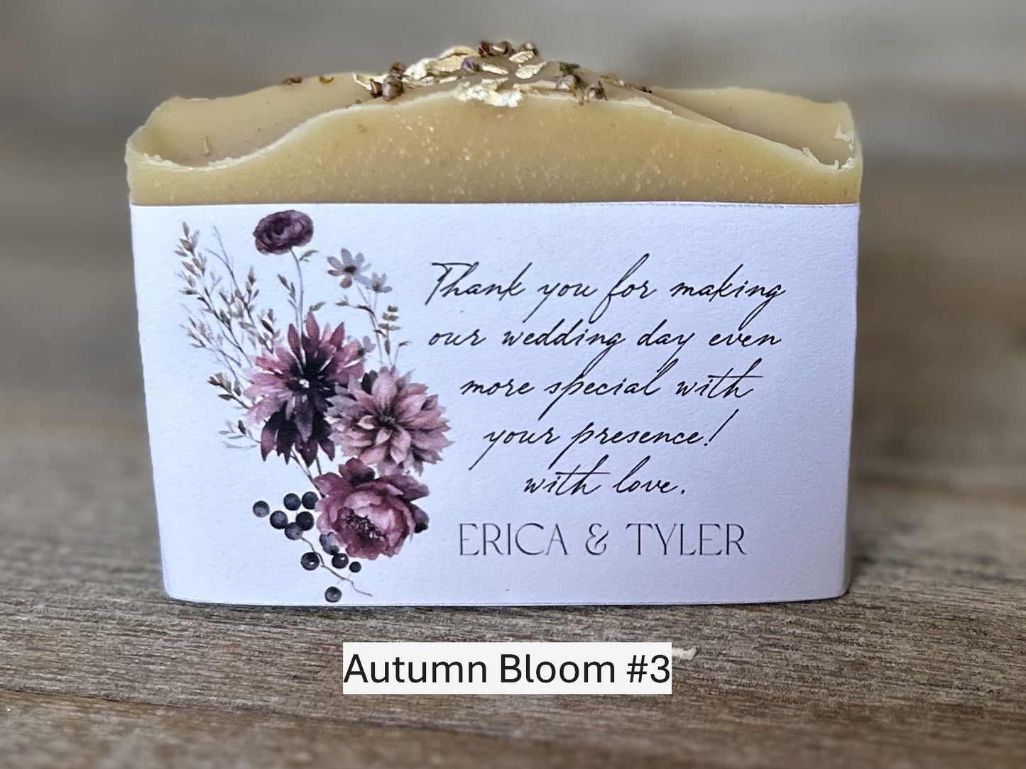 Autumn Bloom, custom wedding soap favors, custom labels, Kendrick Homestead