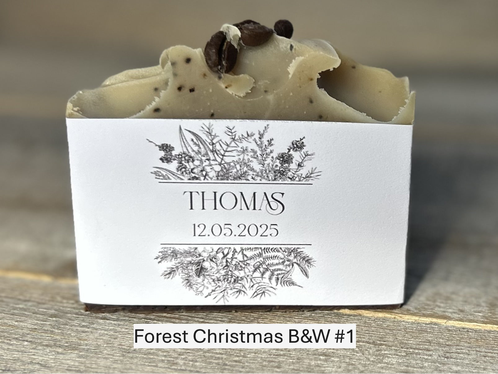 Forest Christmas B&W wedding soap favors Kendrick Homestead