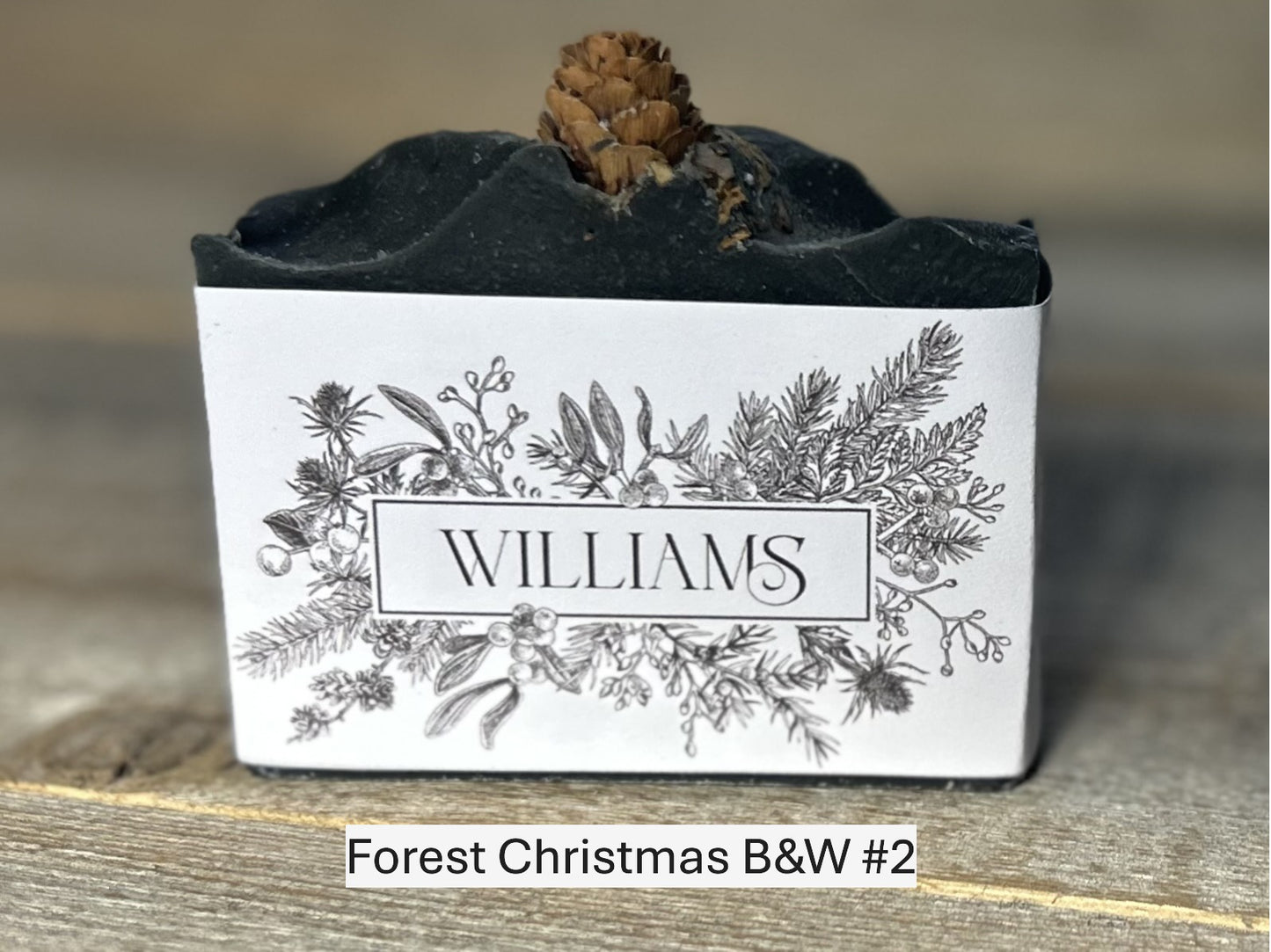 Forest Christmas B&W wedding soap favors Kendrick Homestead