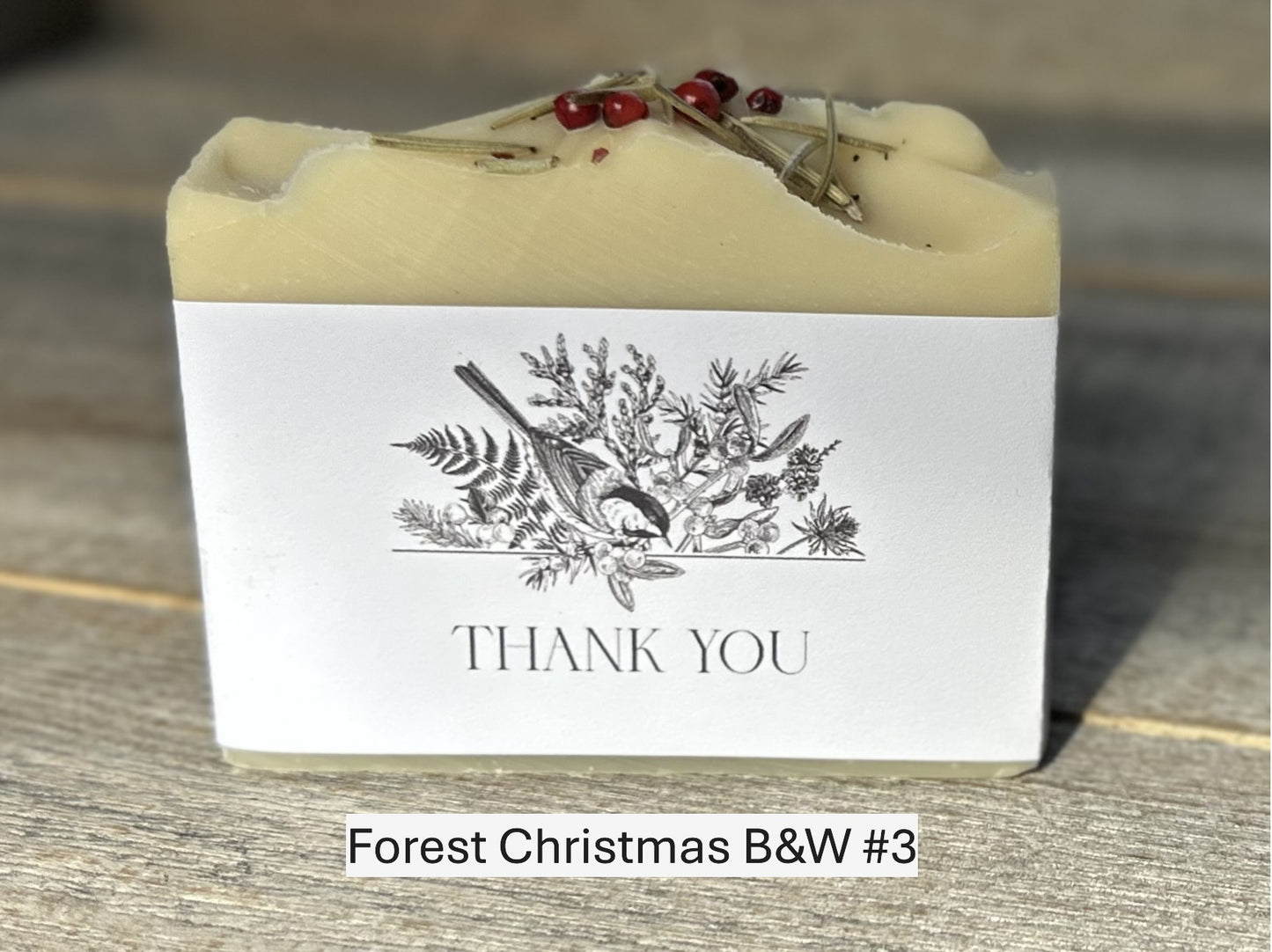 Forest Christmas B&W wedding soap favors Kendrick Homestead