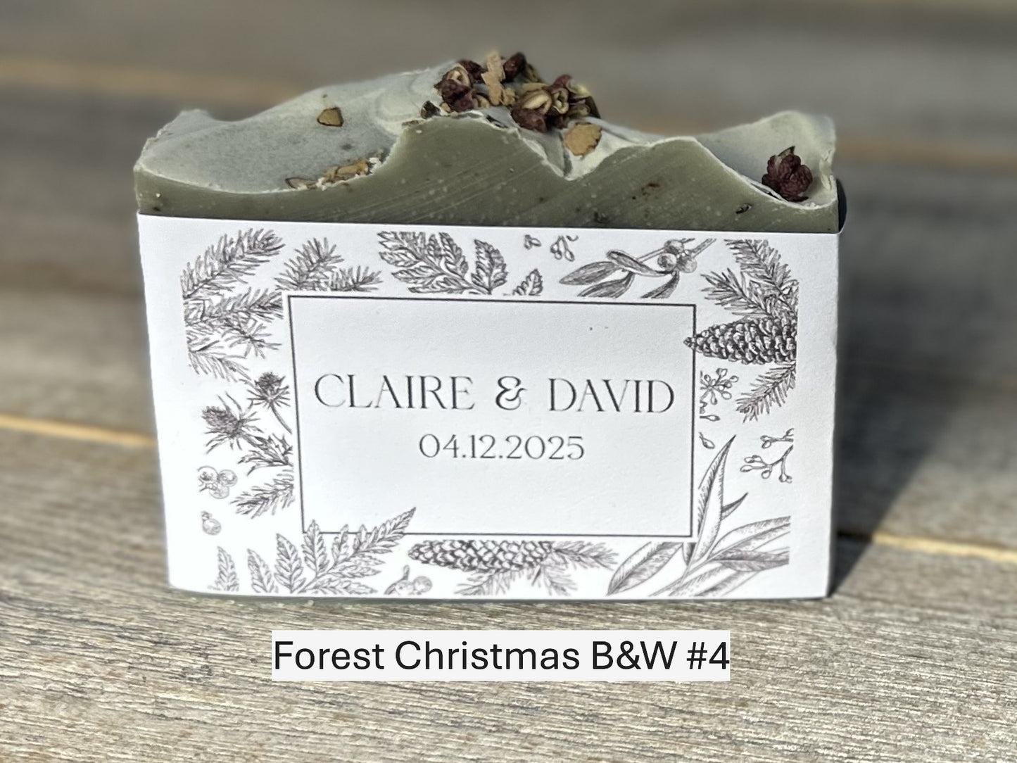 Forest Christmas B&W wedding soap favors Kendrick Homestead