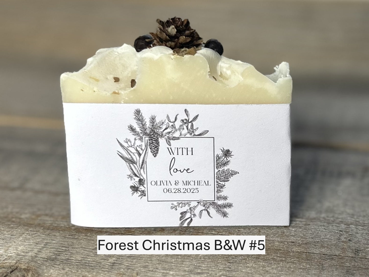 Forest Christmas B&W wedding soap favors Kendrick Homestead