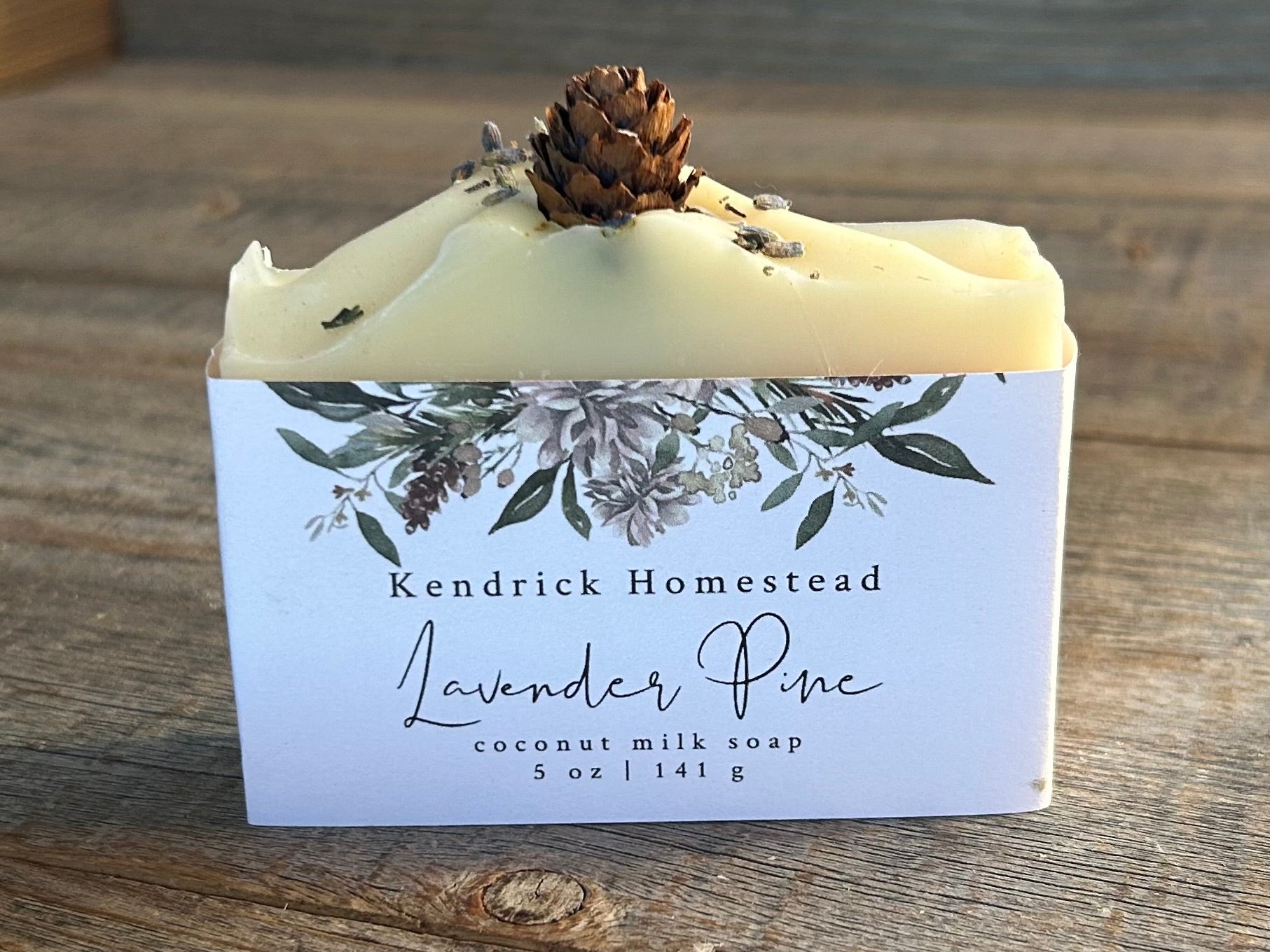 Made with a blend of lavender, peppermint, rosemary and pine needles essential oil to promote a sense of balance and calm. Lavender Pine soap is made with soothing coconut milk, cocoa butter, shea butter, sweet almond oil and caster oil.&nbsp; Beautifully decorated to look like a snowy winter, this blend gently cleanses the skin while relieving tension and easing the mind.

Kendrick Homestead