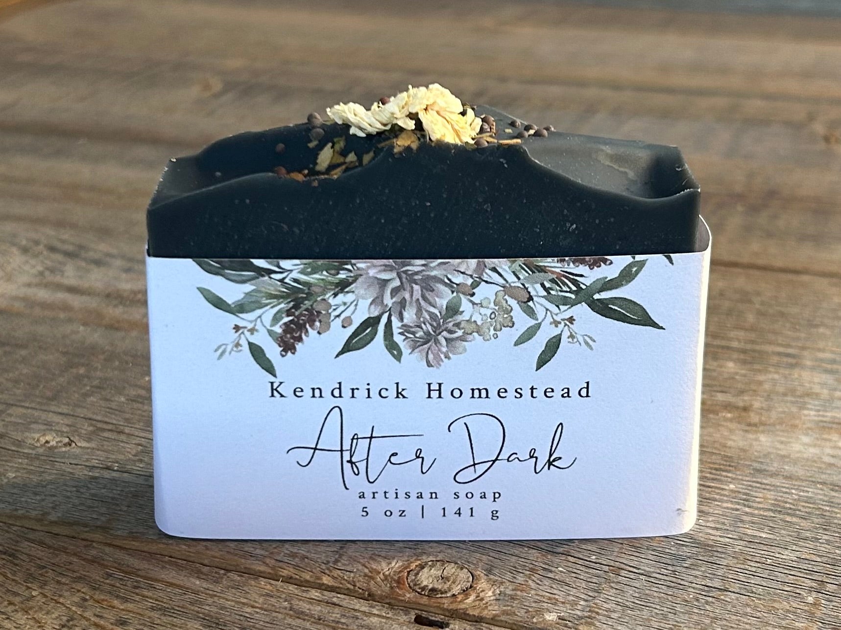 fter Dark soap is made with nourishing shea butter, cocoa butter and sweet almond oil. Scented with spearmint, lime and rosemary essential oil and beautifully decorated with a white chrysanthemum, mustard seeds and eucalyptus leaves.

Needless to say, if you want a soap to impress your guests, this is a showstopper.

SCENT:


Naturally scented with spearmint, lime and rosemary essential oil.

Kendrick Homestead