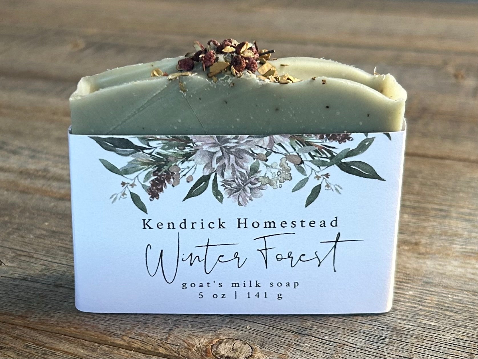 Scented with spearmint, lime and rosemary essential oil, you will feel like you are taking the most refreshing shower in the forest.&nbsp; Winter Forest soap is made with nourishing goat's milk, cocoa butter, shea butter, avocado oil, caster oil, french green clay, bamboo charcoal and ground juniper berries for light exfoliation. Kendrick Homestead