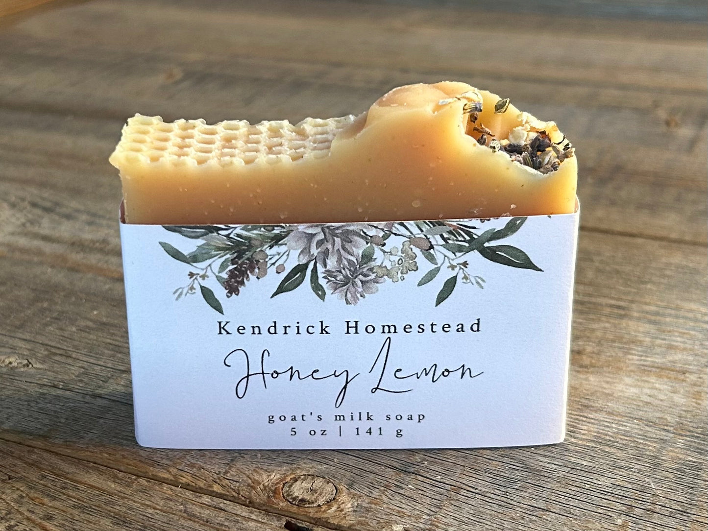 Honey Lemon Goat's milk soap, raw honey, colloidal oatmeal, lemon, litsea cubeba, lavender and benzoin essential oil, Kendrick Homestead