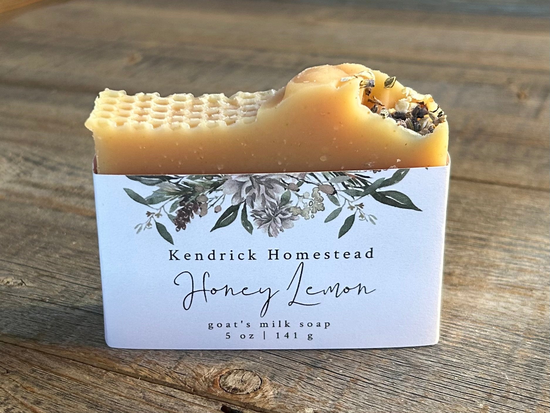 Honey Lemon Goat's milk soap, raw honey, colloidal oatmeal, lemon, litsea cubeba, lavender and benzoin essential oil, Kendrick Homestead