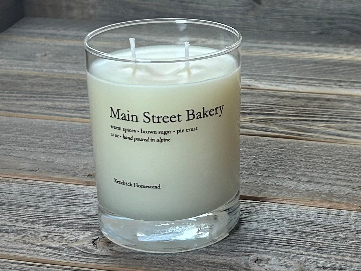 Main Street Bakery candle, coconut, apricot and soy wax blend, Kendrick Homestead