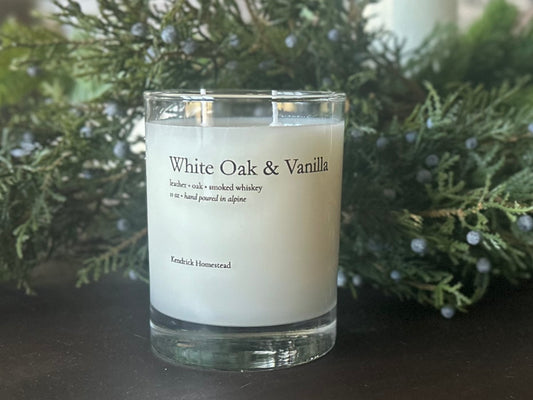 White Oak & Vanilla,  coconut, apricot and soy wax blend, Kendrick Homestead