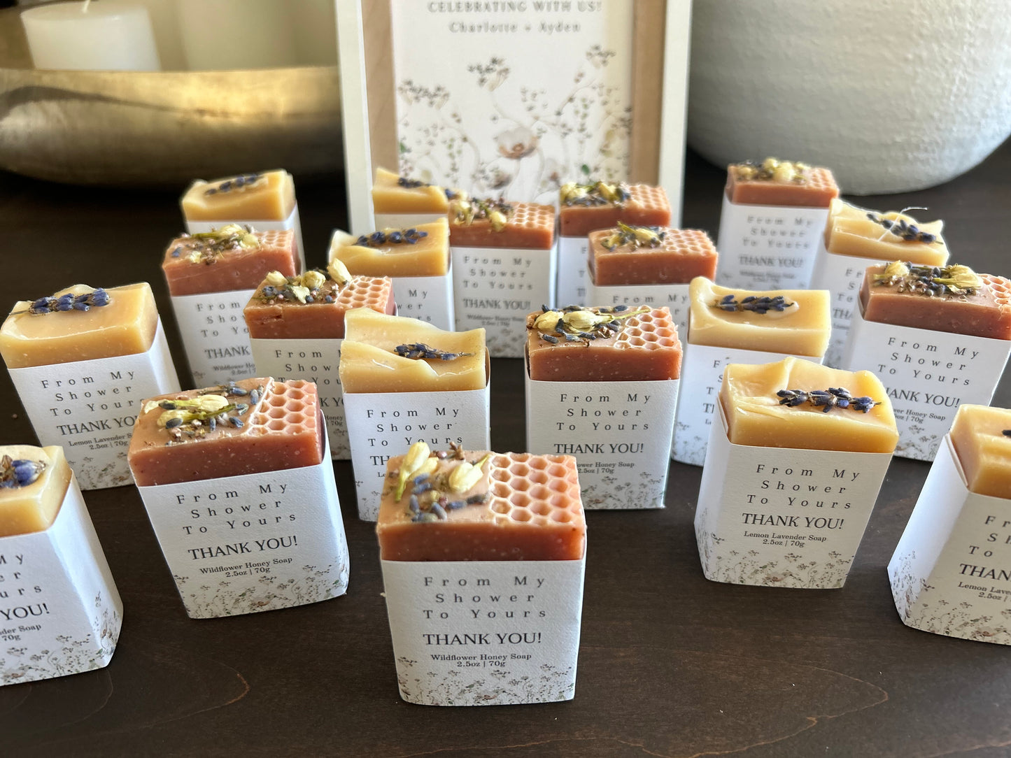 Bridal and baby shower party favors, goat's milk soap. Wildflower and lemon lavender soap