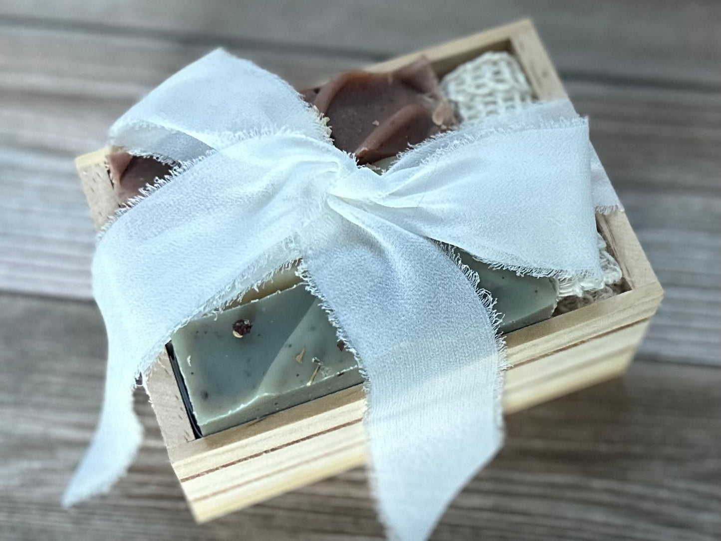 Christmas Soap Crate, Winter Forest Soap, Cranberry Honey Soap, Goat's Milk and Oatmeal Soap, chiffon ribbon, Christmas gift, Kendrick Homestead