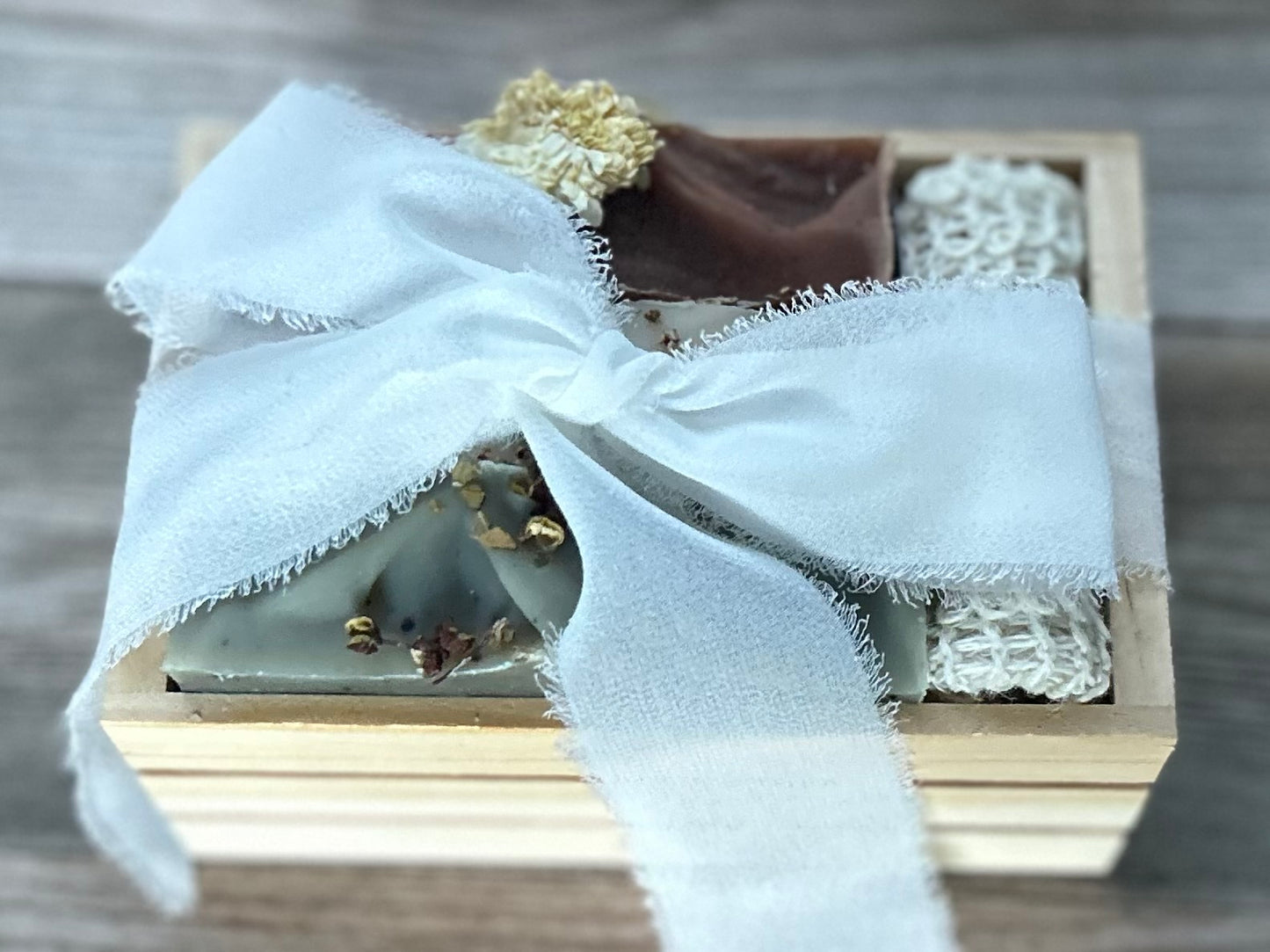 Christmas Soap Crate, Winter Forest Soap, Cranberry Honey Soap, Goat's Milk and Oatmeal Soap, chiffon ribbon, Christmas gift, Kendrick Homestead