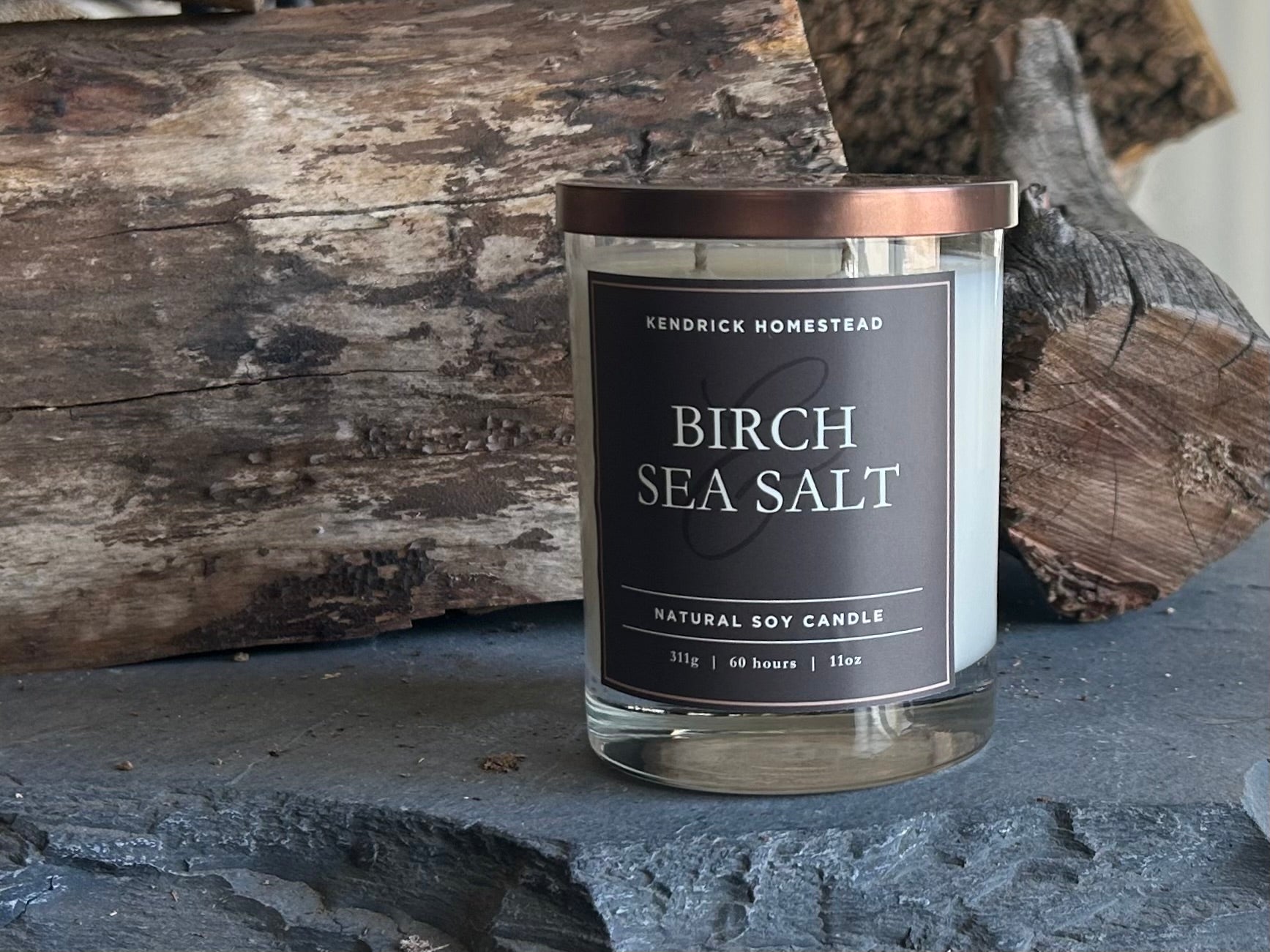 Birch and Sea Salt Soy wax candle double wick, Kendrick Homestead