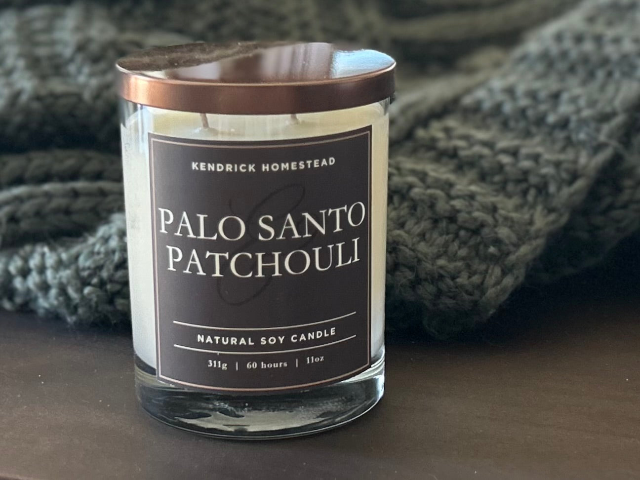 Palo Santo Patchouli soy wax candle double wick Kendrick Homestead