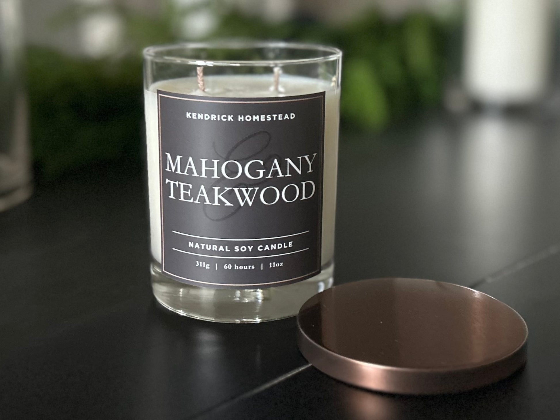 Mahogany Teakwood soy wax candle double wick Kendrick Homestead