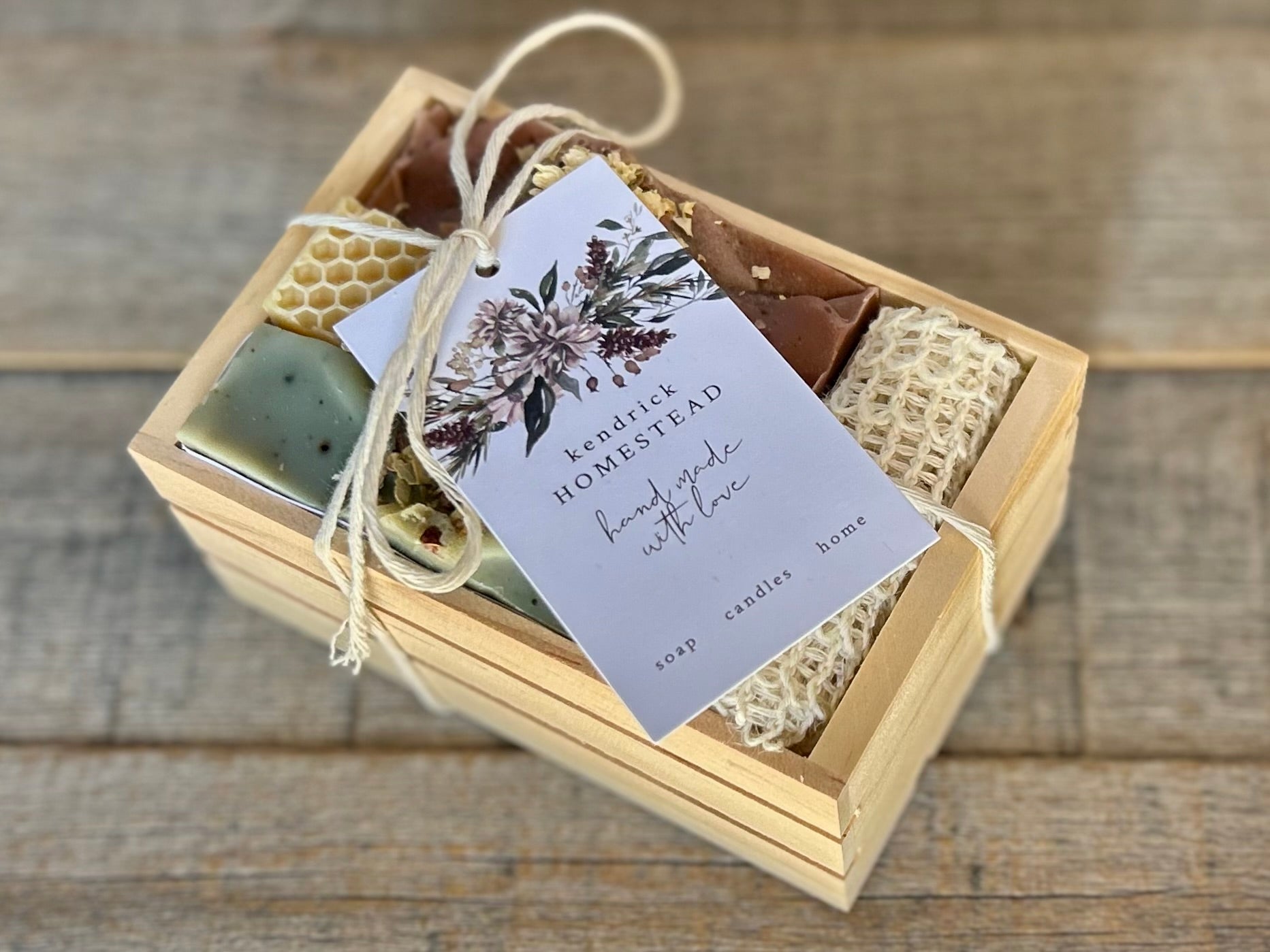 3 goat's milk soaps in wood crate, Kendrick Homestead