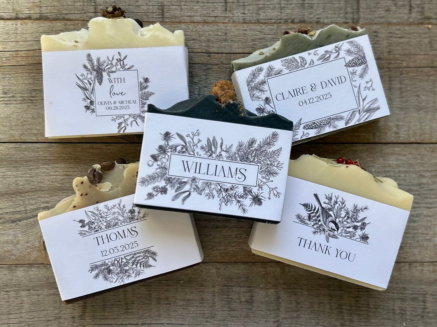 Forest Christmas B&W wedding soap favors Kendrick Homestead