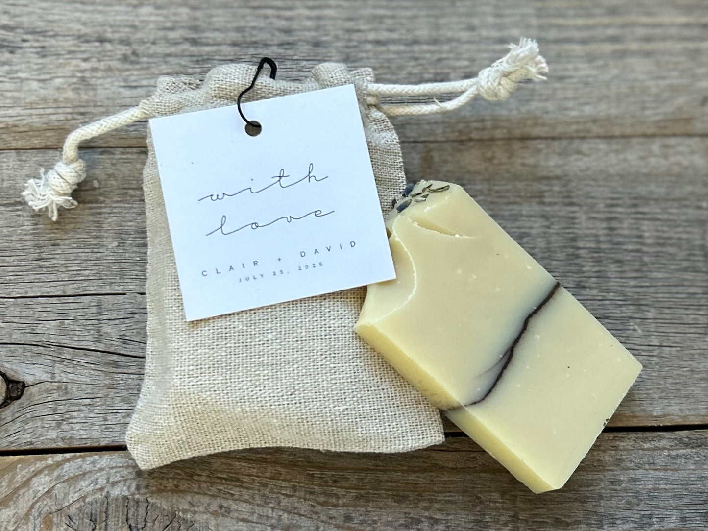 Wedding Favors soap in muslin bag with custom tag, Kendrick Homestead