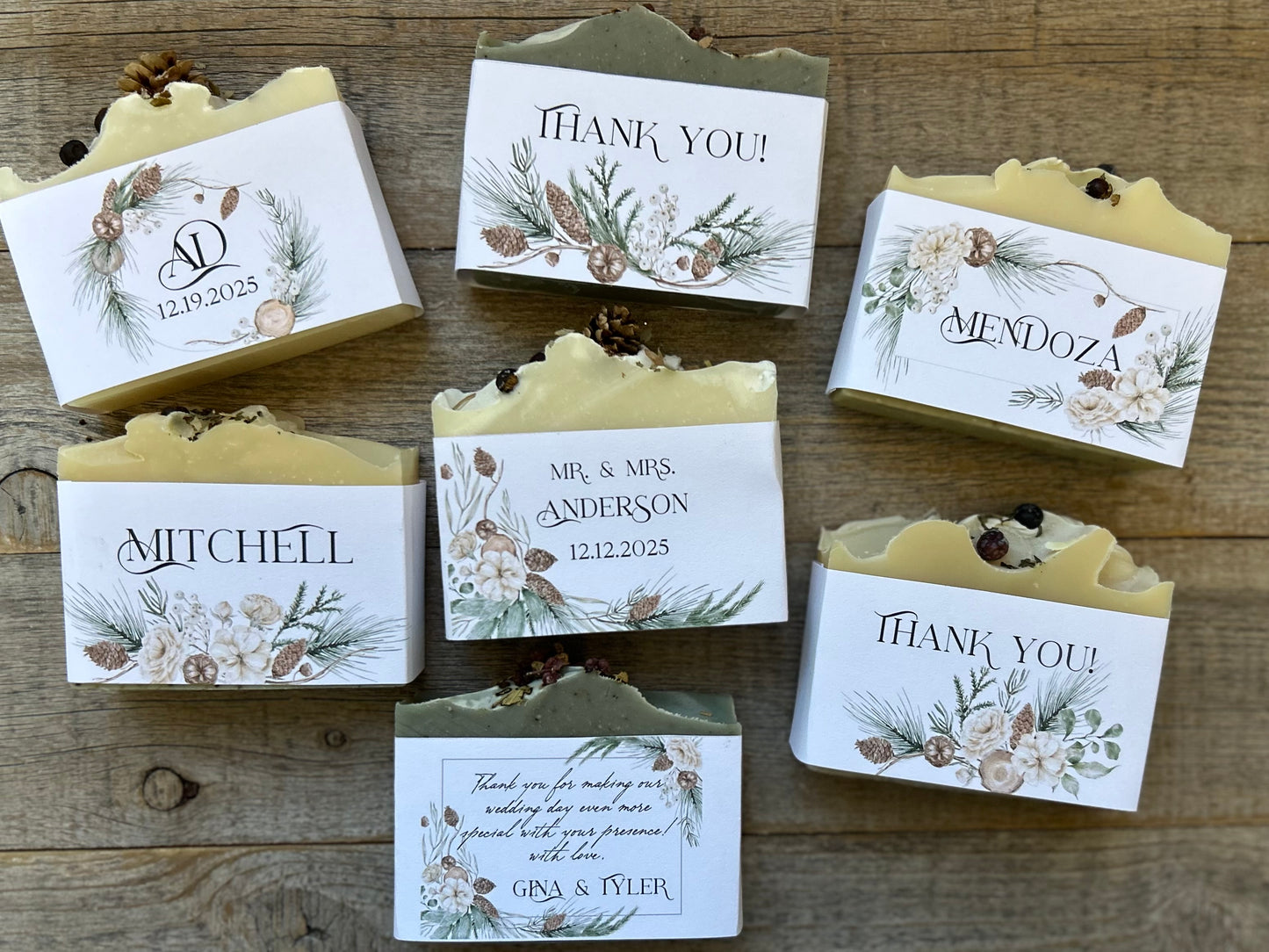 Winter Greenery custom wedding soap favors, custom soap label, Kendrick Homestead