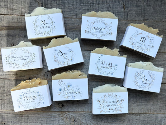 Winter Flowers wedding soap favors, custom soap label, Kendrick Homestead