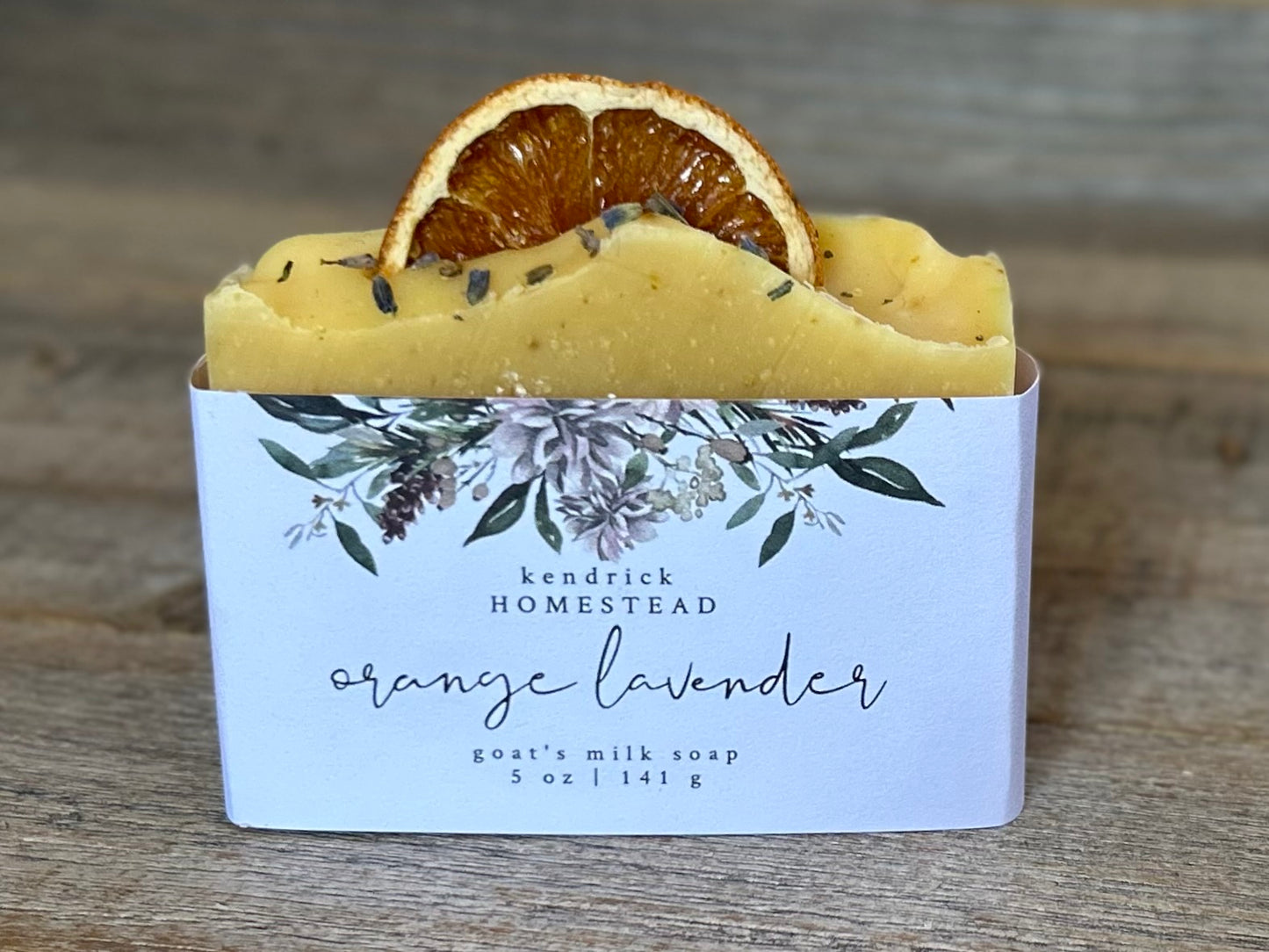 Jump start your morning routine with the invigorating smell of Orange Lavender soap. Made with nourishing goat's milk, cocoa butter, shea butter, avocado oil, kaolin clay and orange peel to lightly exfoliate, refresh and soften the skin.  Kendrick Homestead