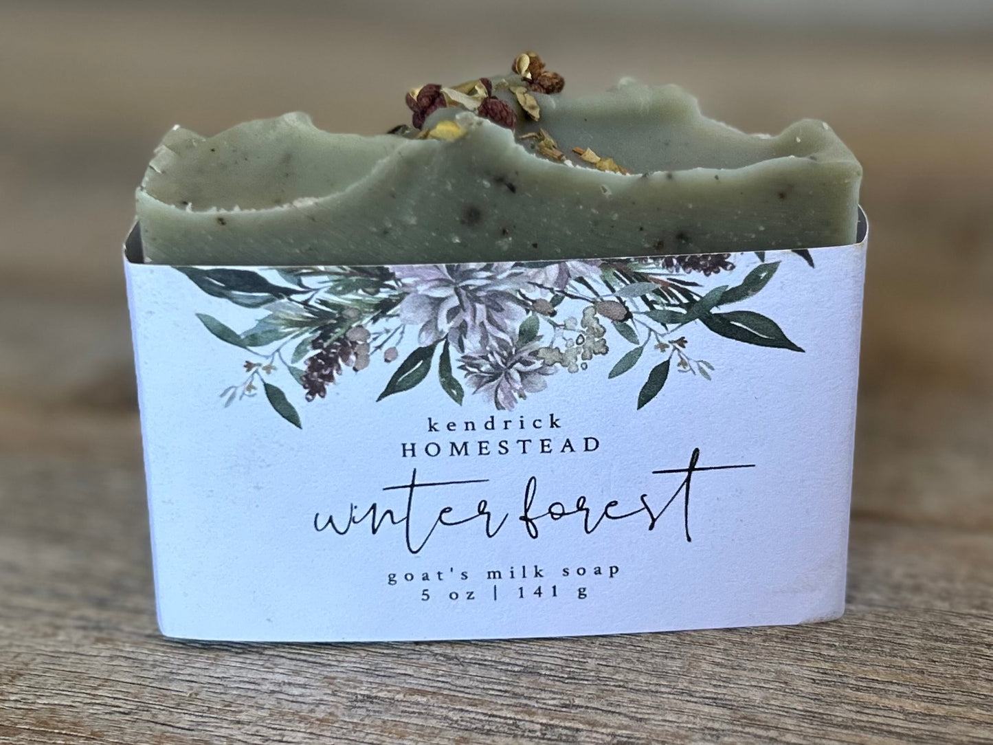 Scented with spearmint, lime and rosemary essential oil, you will feel like you are taking the most refreshing shower in the forest.&nbsp; Winter Forest soap is made with nourishing goat's milk, cocoa butter, shea butter, avocado oil, caster oil, french green clay, bamboo charcoal and ground juniper berries for light exfoliation. Kendrick Homestead