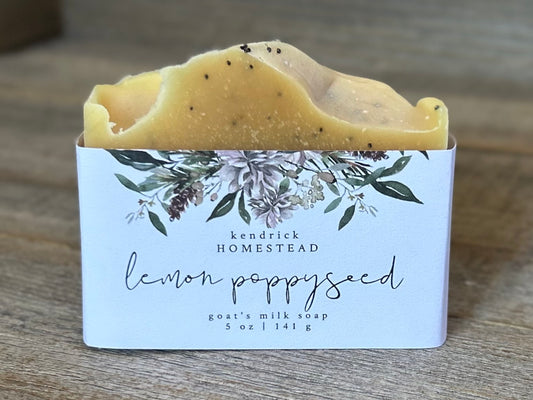 Lemon Poppy Seed soap is made with nourishing goat's milk, olive oil, coconut oil, cocoa butter, shea butter and castor oil. It has the vibrant smell of lemon and litsea cubeba essential oil. Yellow clay and poppy seeds are added for light exfoliation. Kendrick Homestead
