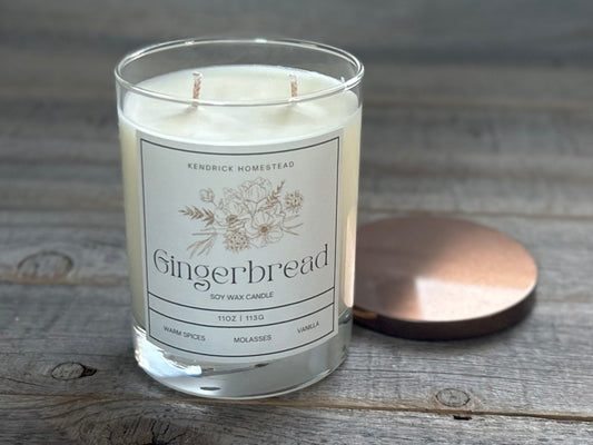 Gingerbread Soy Wax Candle
This sweet cookie wraps you in butter, molasses and vanilla. Peppery ginger, clove and brown sugar add a savory complexity to this fresh-from-the-oven goodness. Gingerbread Spice is perfect for the Christmas season and anytime you want to create a welcoming atmosphere!
Fragrance notes: ginger, brown sugar, butter, molasses, vanilla, milk, cinnamon and clove.
Kendrick Homestead