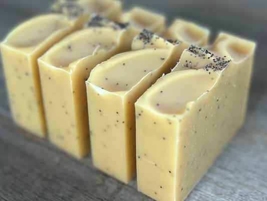 Lemon Poppyseed soap. This is one of my best sellers! Perfect for in your kitchen or take the most refreshing morning shower with this soap! Lemon Poppy Seed soap is made with nourishing goat's milk, olive oil, cocoa butter, shea butter, sweet almond oil and castor oil. It has the vibrant smell of lemon and lemongrass essential oil. Yellow brazilian clay and poppy seeds are added for light exfoliation.  Kendrick Homestead