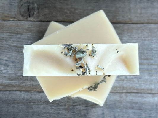 Lavender and White Sage Soap. Let the worries of the day slide away with the help of this relaxing herbal blend of white sage, lavender and cedarwood. Lavender &  White Sage soap is made with nourishing goat's milk, olive oil, coconut oil, cocoa butter, shea butter, sweet almond oil, castor oil, kaolin clay and dried white sage.  Kendrick Homestead