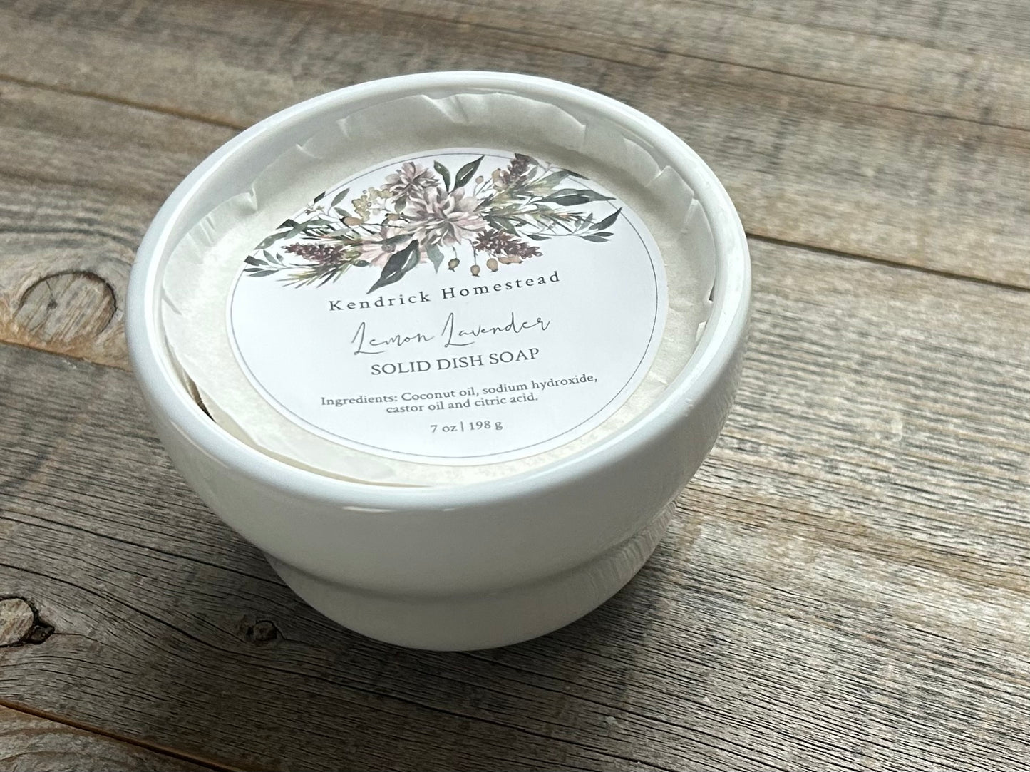 Solid dish soap, kendrick homestead
coconut oil, castor oil, citric acid and lemon and lavender essential oil