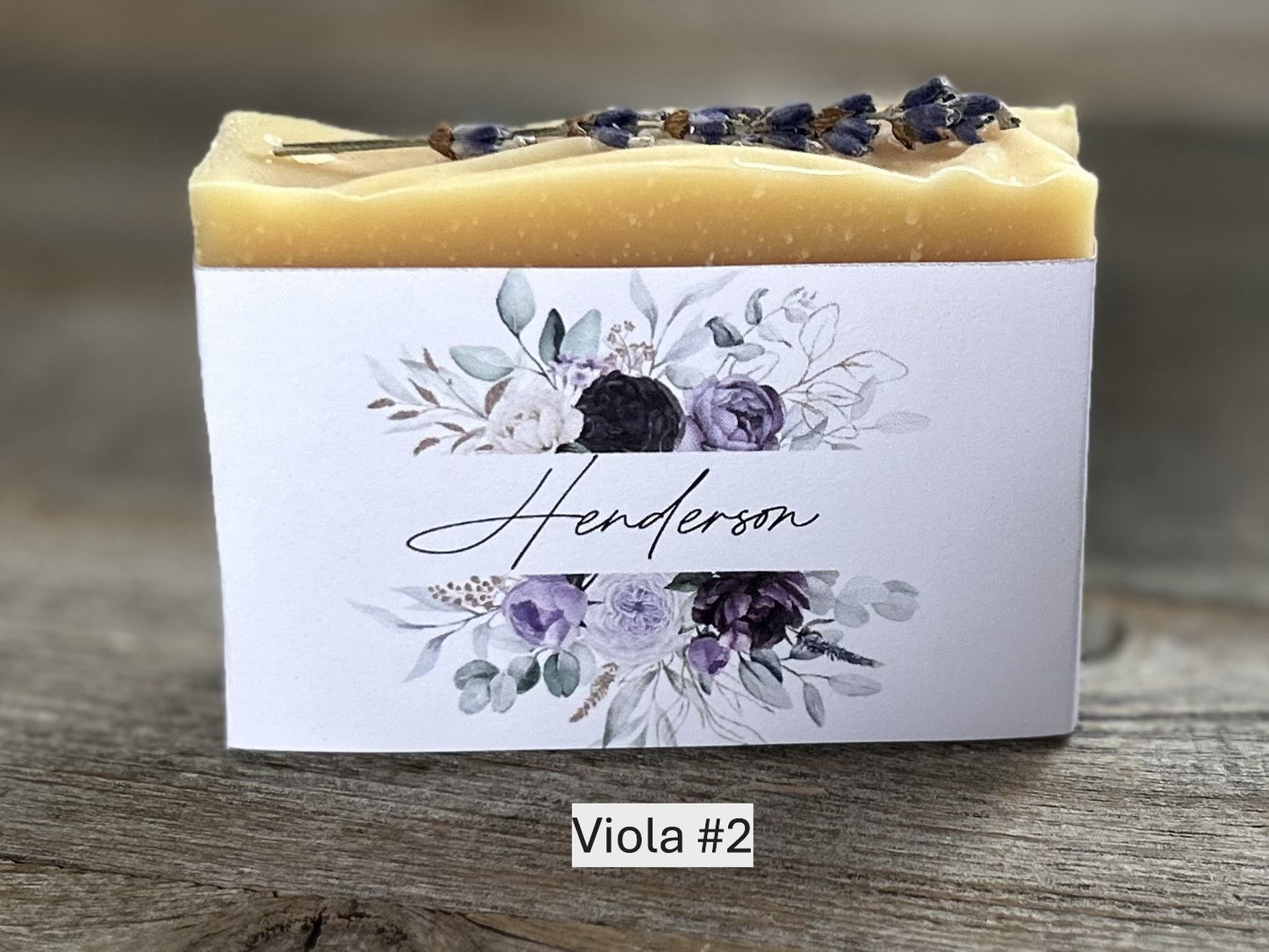 Viola wedding soap favors, custom soap label, Kendrick Homestead