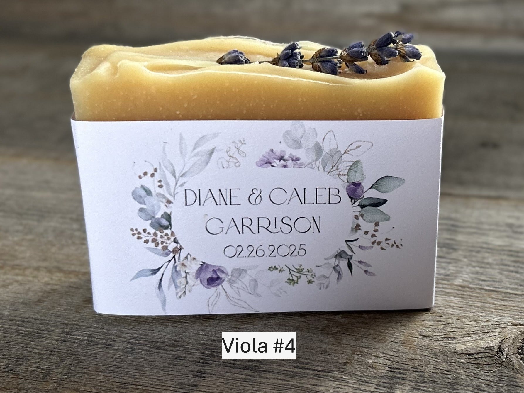 Viola wedding soap favors, custom soap label, Kendrick Homestead