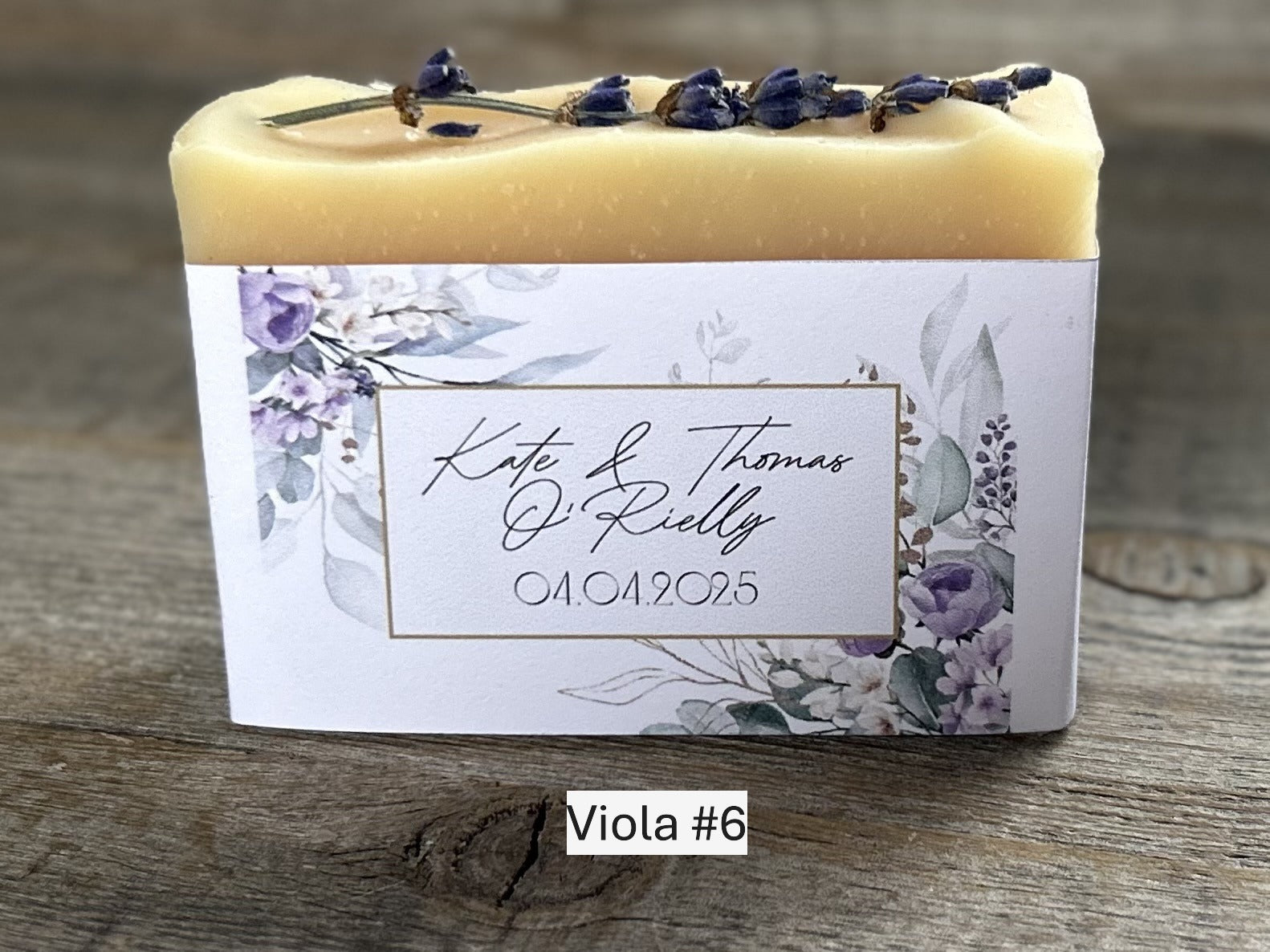 Viola wedding soap favors, custom soap label, Kendrick Homestead