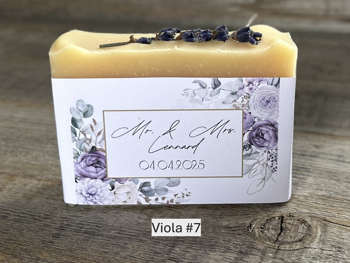 Viola wedding soap favors, custom soap label, Kendrick Homestead