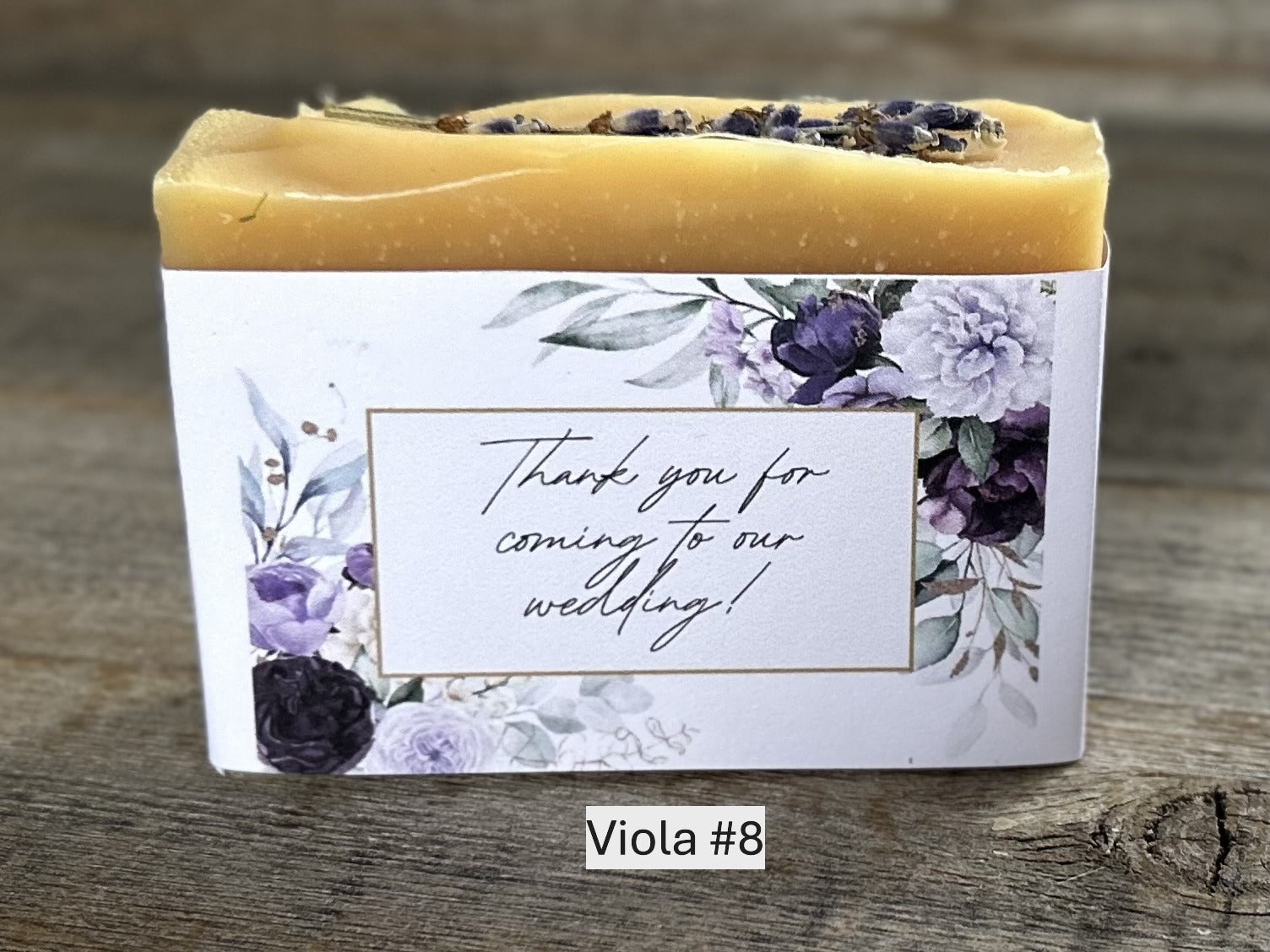 Viola wedding soap favors, custom soap label, Kendrick Homestead