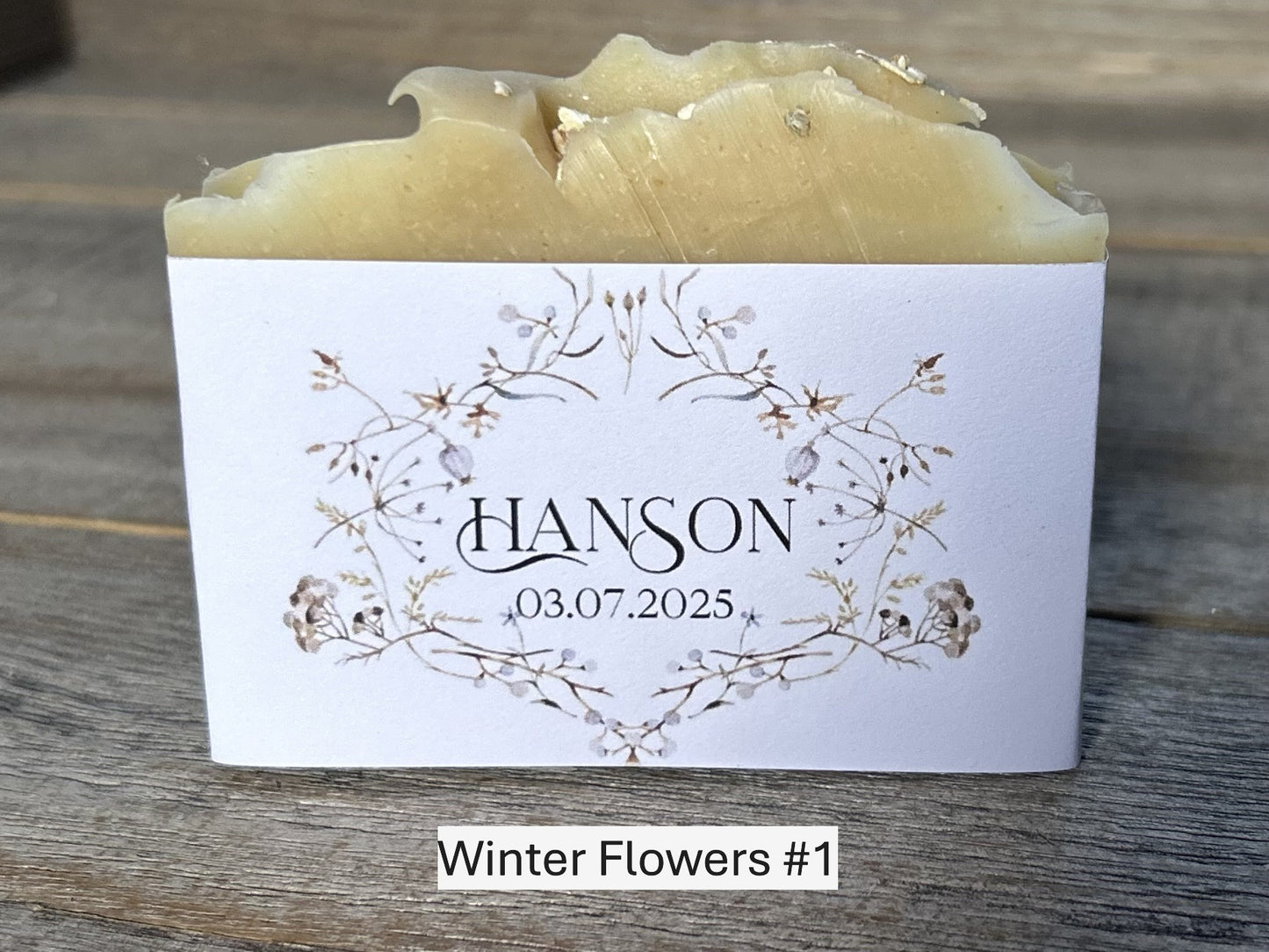 Winter Flowers wedding soap favors, custom soap label, Kendrick Homestead