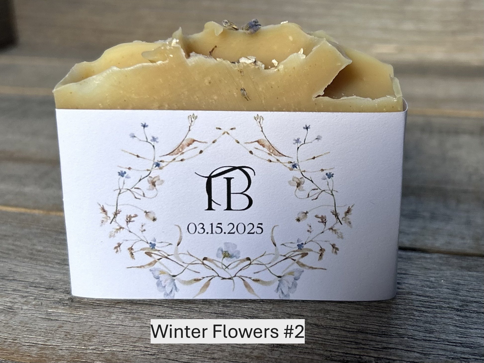 Winter Flowers wedding soap favors, custom soap label, Kendrick Homestead