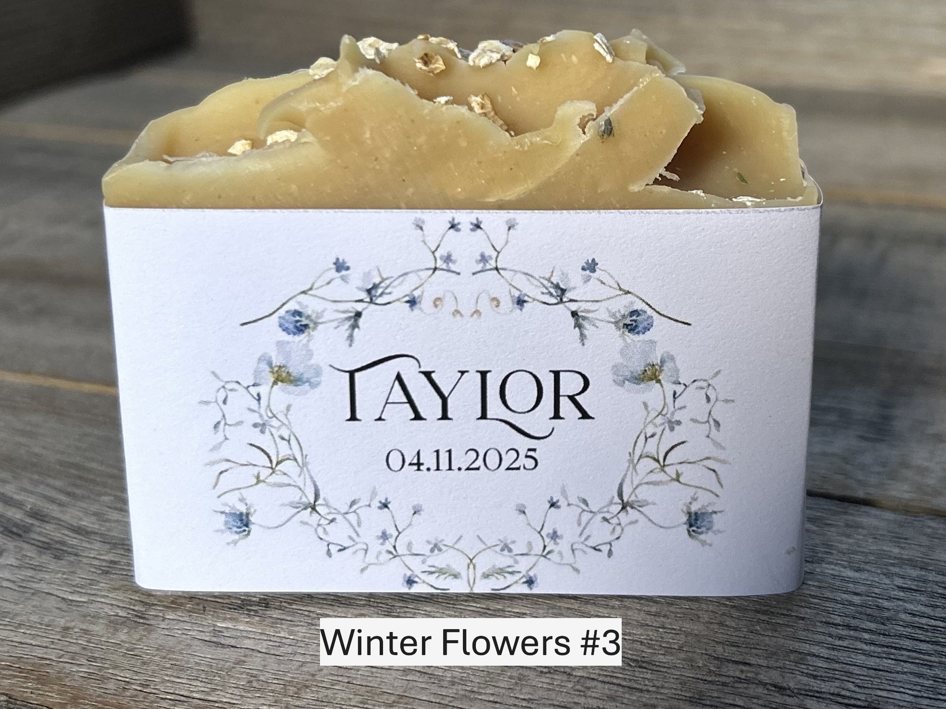 Winter Flowers wedding soap favors, custom soap label, Kendrick Homestead