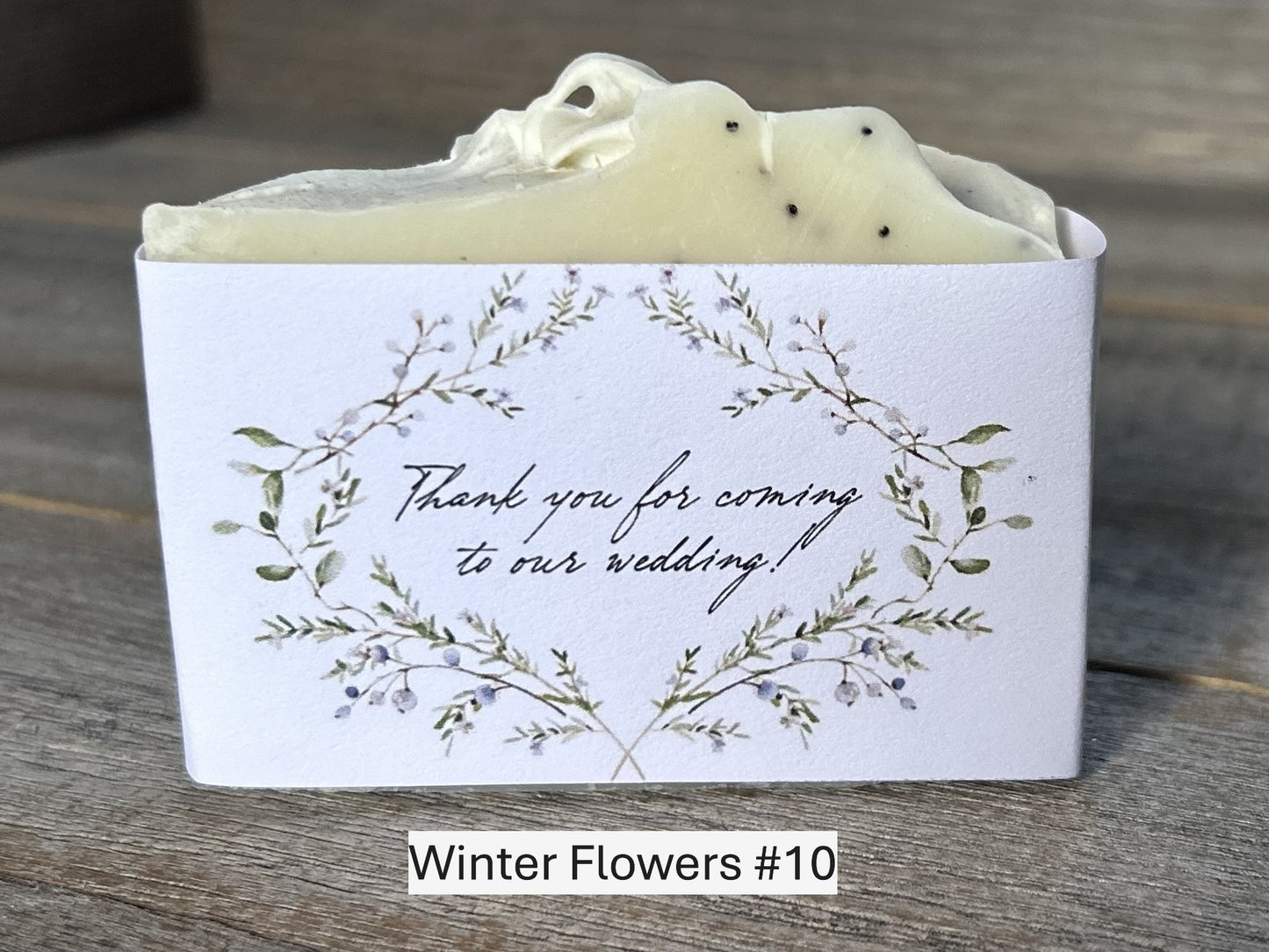 Winter Flowers wedding soap favors, custom soap label, Kendrick Homestead