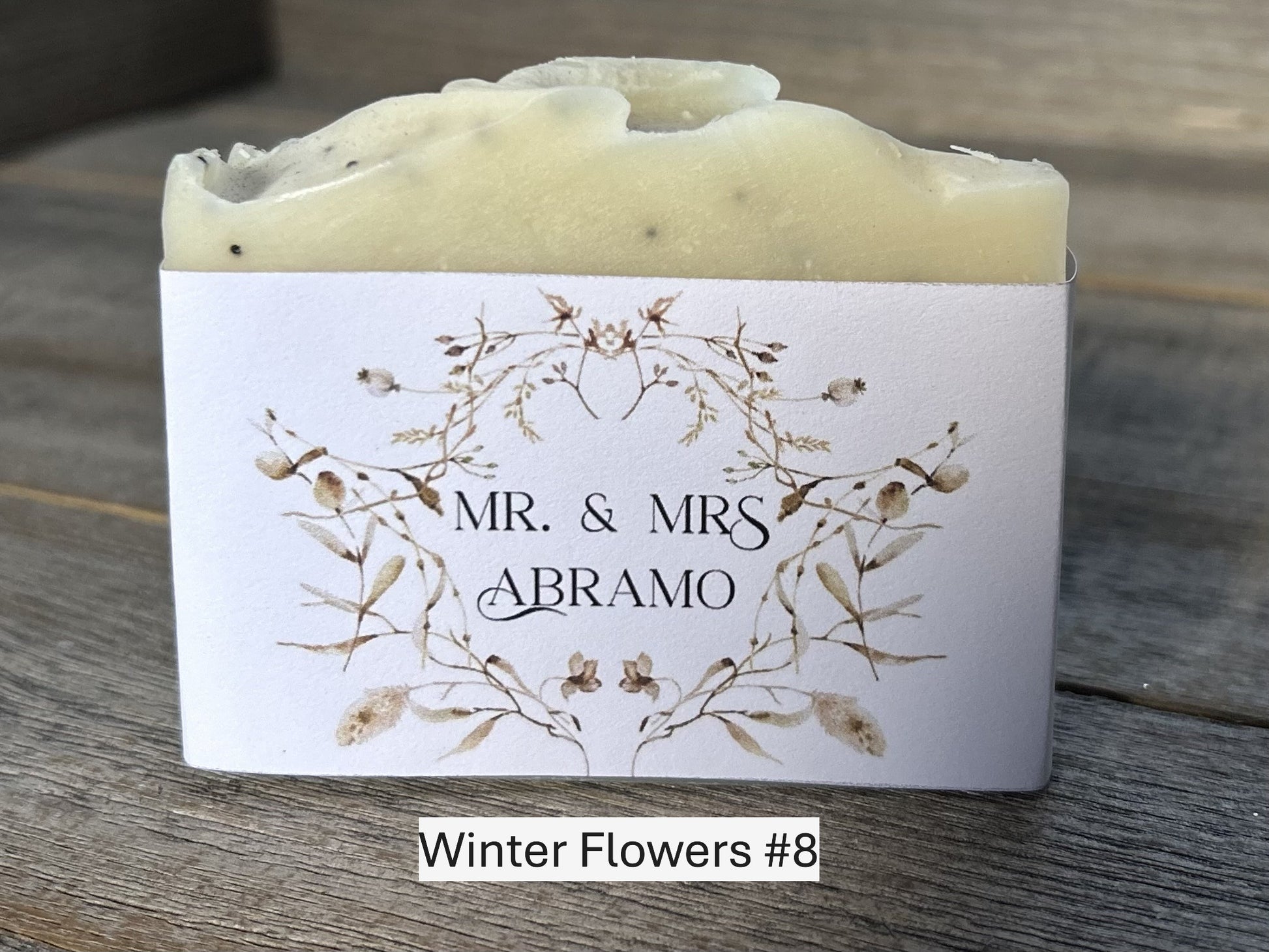 Winter Flowers wedding soap favors, custom soap label, Kendrick Homestead